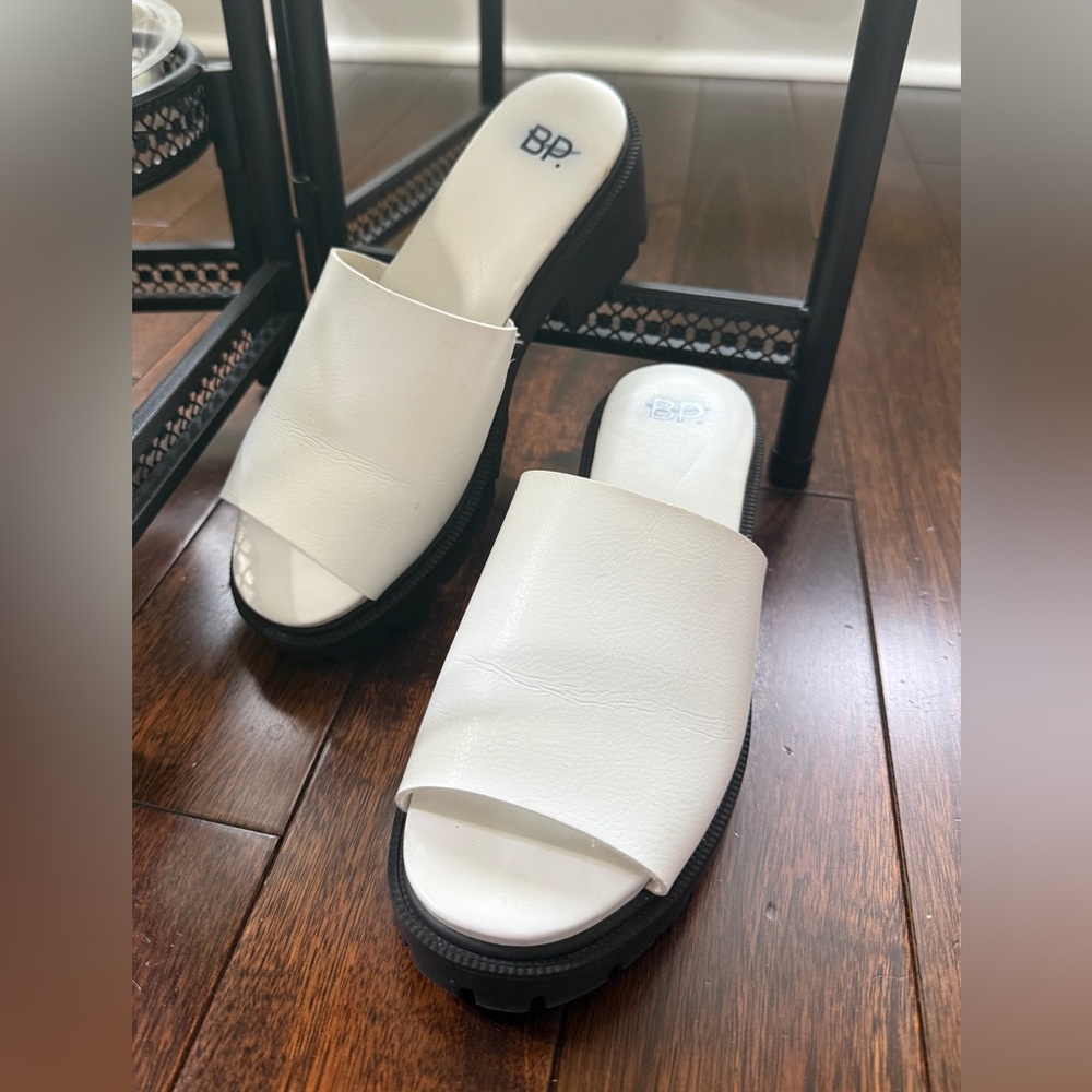 BP White Open-Toe Mules with Black Sole